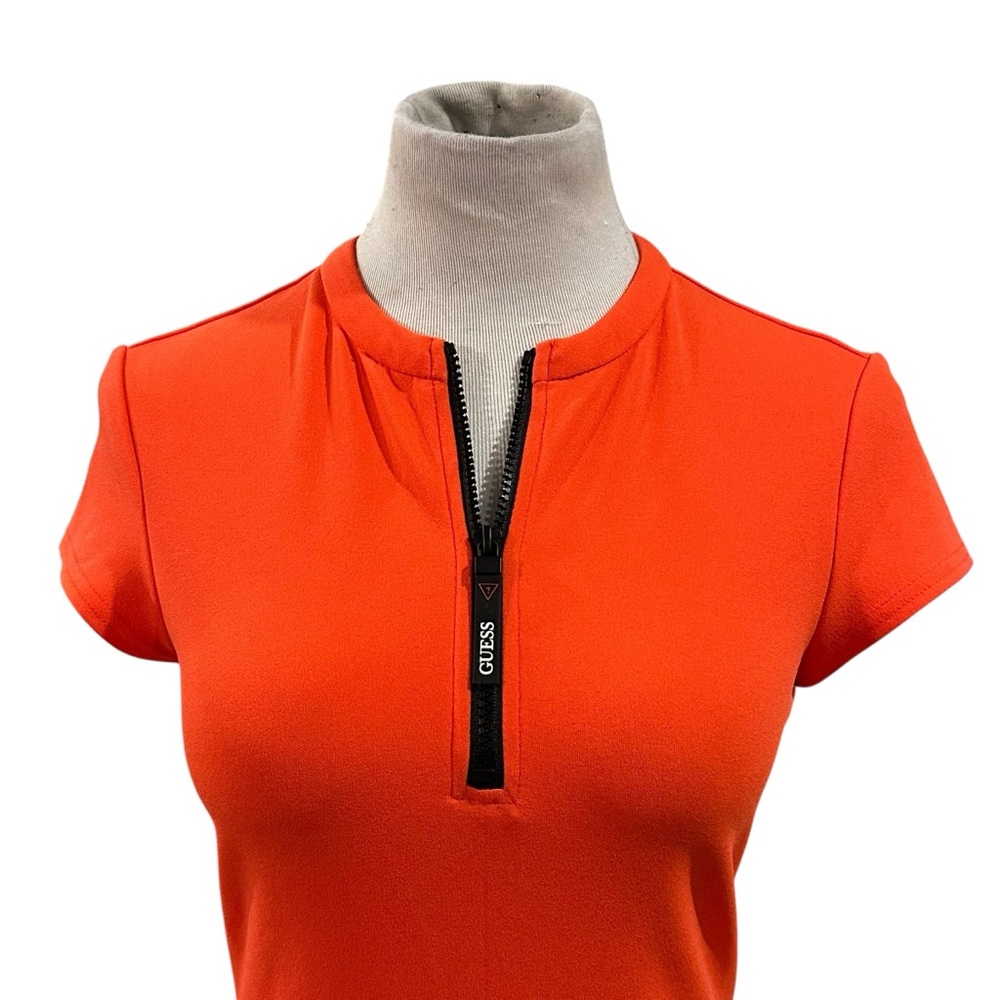 Guess Coral Orange 1/4 Zip Front Short Sleeve Midi Dress - Size Small - Picture 2 of 15